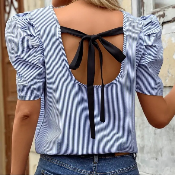 Boutique Tops - NEW| Backless Knot Puff Sleeve Feminine Striped Crew Neck Blouse